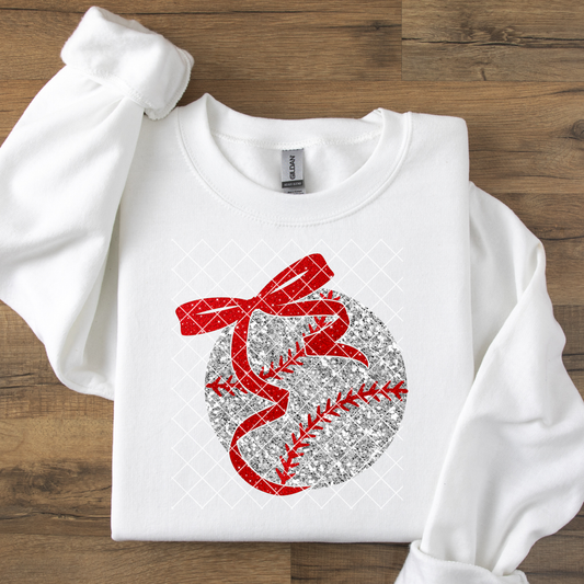 Faux Glitter Baseball With Bow DTF Transfer