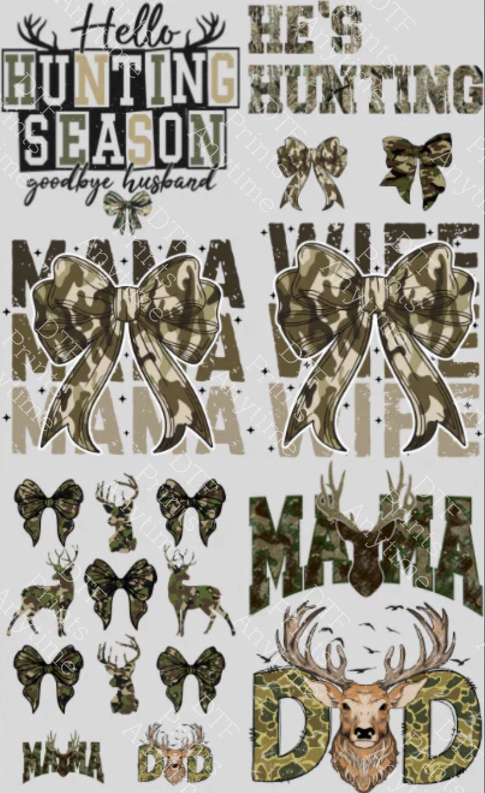 Pre-Made Hunting DTF Gang Sheet, 7 Adult 4 pocket size designs 22x36