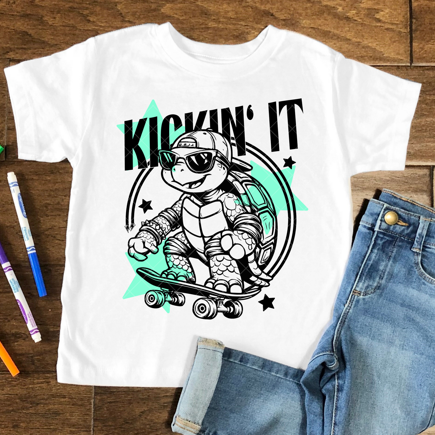 Kickin' It Turtle Skateboarding DTF Transfer