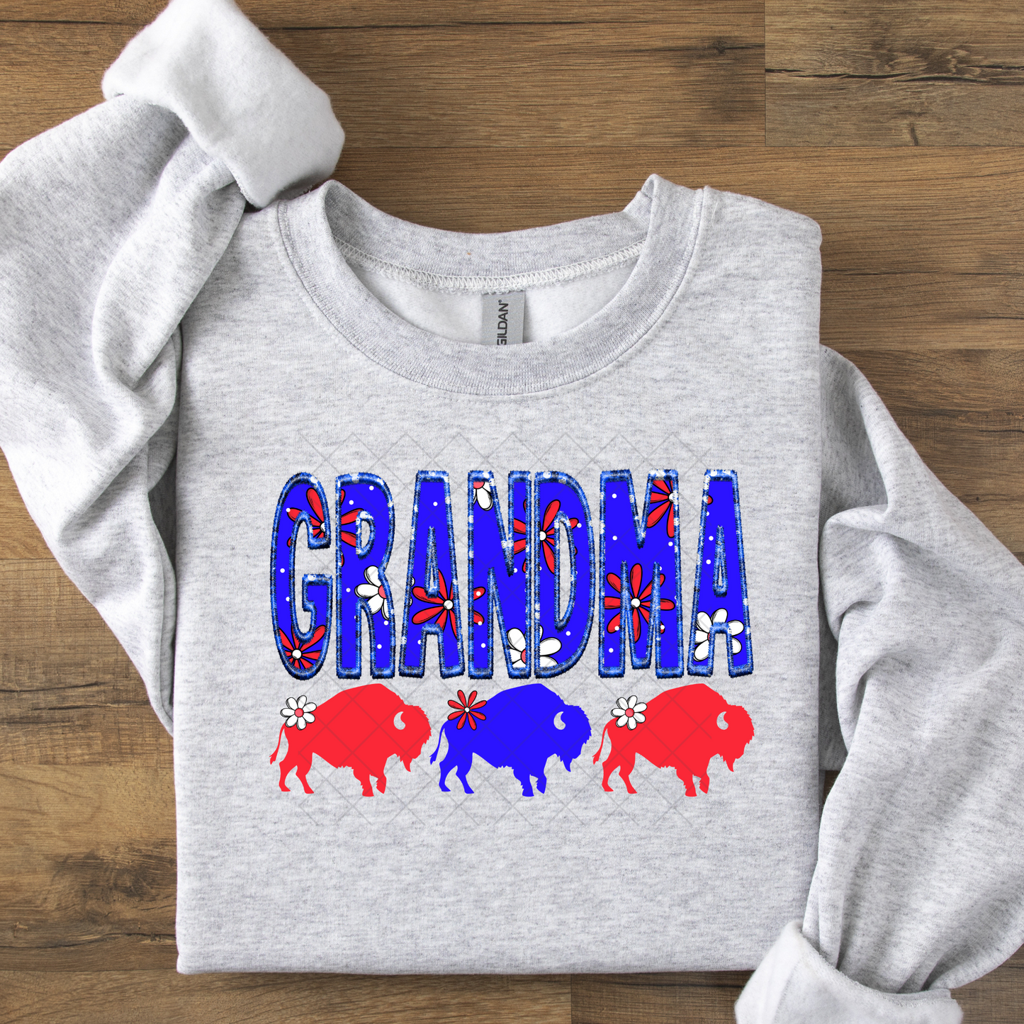 Grandma Buffalo Flower Blue and Red Embroidered Look DTF Transfer