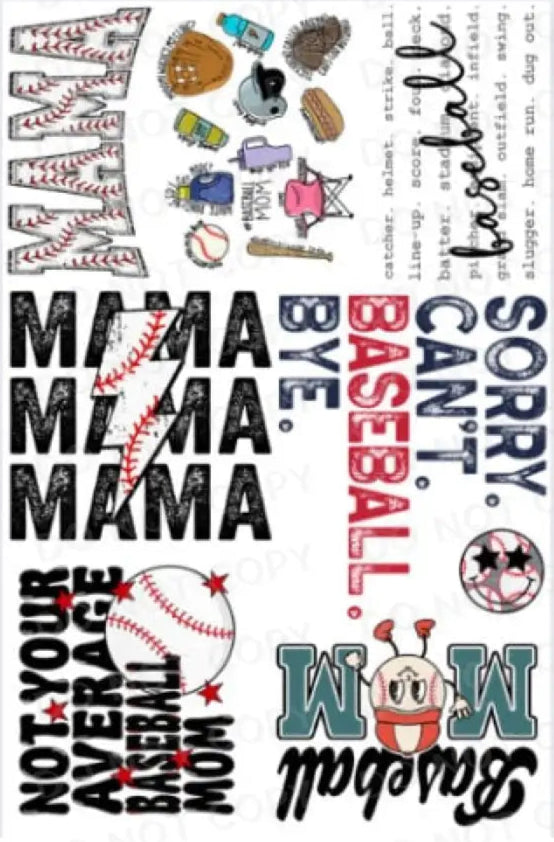 Pre-Made Baseball Gang Sheet 22X60 With 8 Designs Adult Sizes Mama Dtf Clear Film Heat Transfer