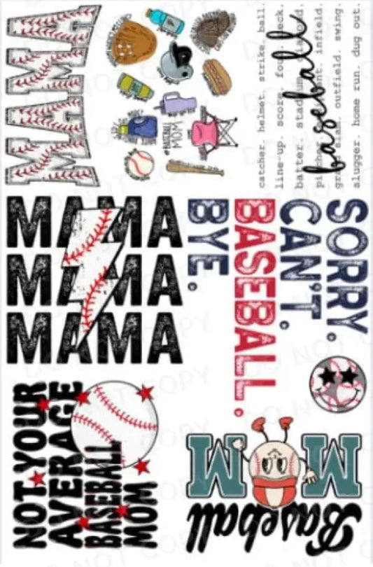 Pre-Made Baseball Gang Sheet 22X60 With 8 Designs Adult Sizes Mama Dtf Clear Film Heat Transfer